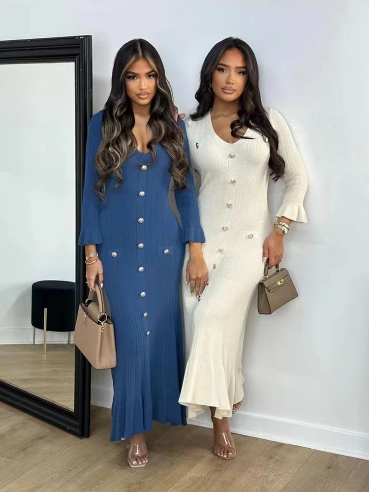 GELITAYIN Elegancka Długa Sukienka Dzianinowa Damska Rozkloszowane Rękawy Dekolt V Falbany Jednorzędowa Sukienka Obcisła Imprezowa Moda Biurowa