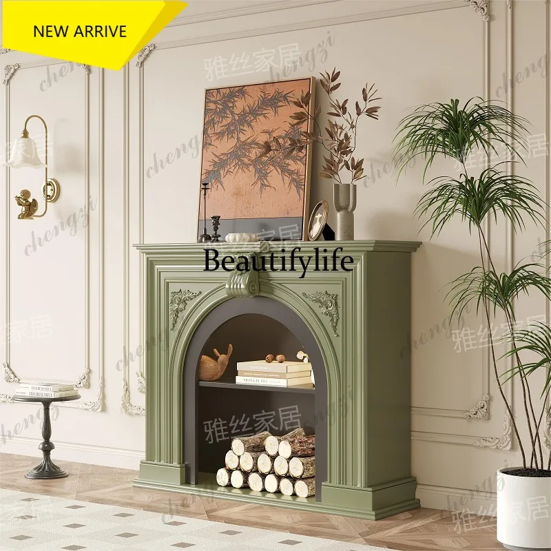 a95 French Cream Wind Solid Wood Fireplace Cabinet Living Room Decoration Cabinet Electronic Simulation Fire Fireplace Cabinet H