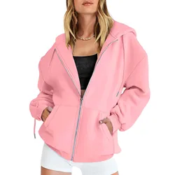 Harajuku Fashion Solid Women's Zipper Loose Pullover 2024 Streetwear Y2K Women's casual Zipper Hooded sweatshirt Women's Tops