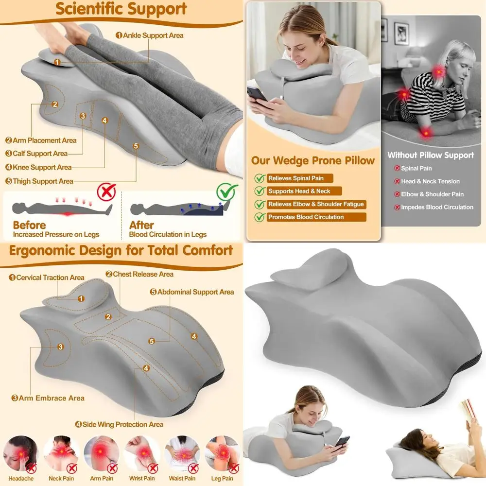 

Ergonomic Memory Foam Wedge Pillow - Adult Prone Sleep, Reading Support, Back Cushion, Pain Relief, Removable Cover (Gray)