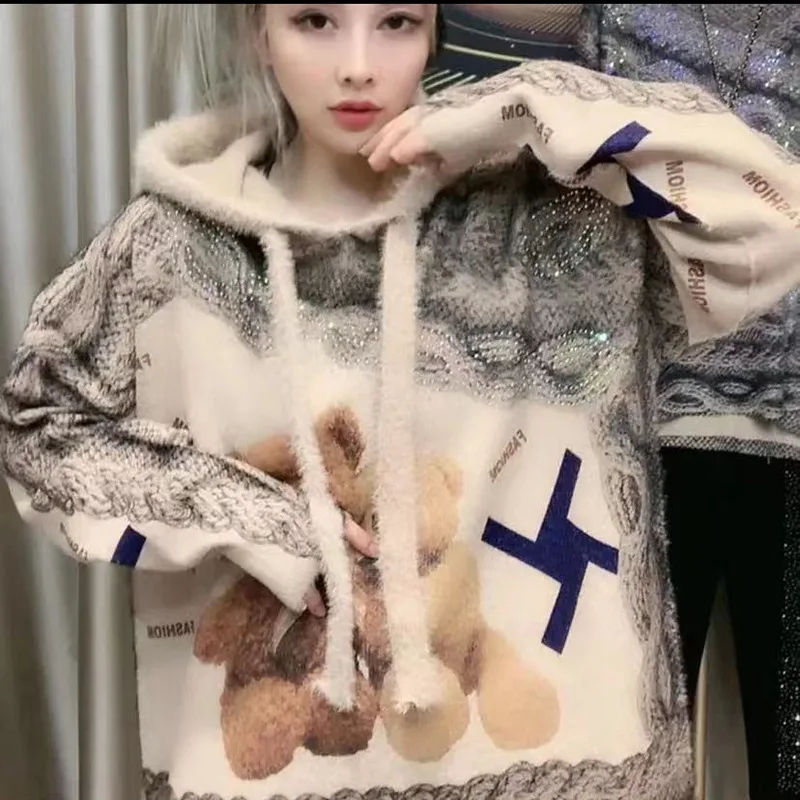 Diamanti maglione con cappuccio donna Pullover autunno inverno maglione caldo spessa moda maglia Ladys allentato Casual Pullover maglione top