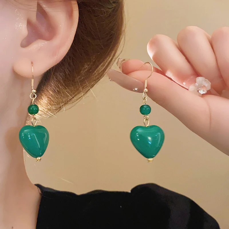 3 Pcs Green Agate Beads Pendant Necklace Elegent Earrings Bracelet Heart Necklaces Women Vintage Jewelry Set Accessories K