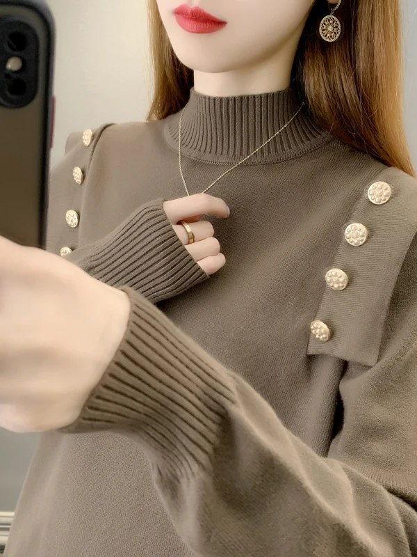 

plus Size Women's Knitted Sweater Button Detail Loose Fit Long Sve High Collar Fly Sve Overhead Korean Sle Winter Top