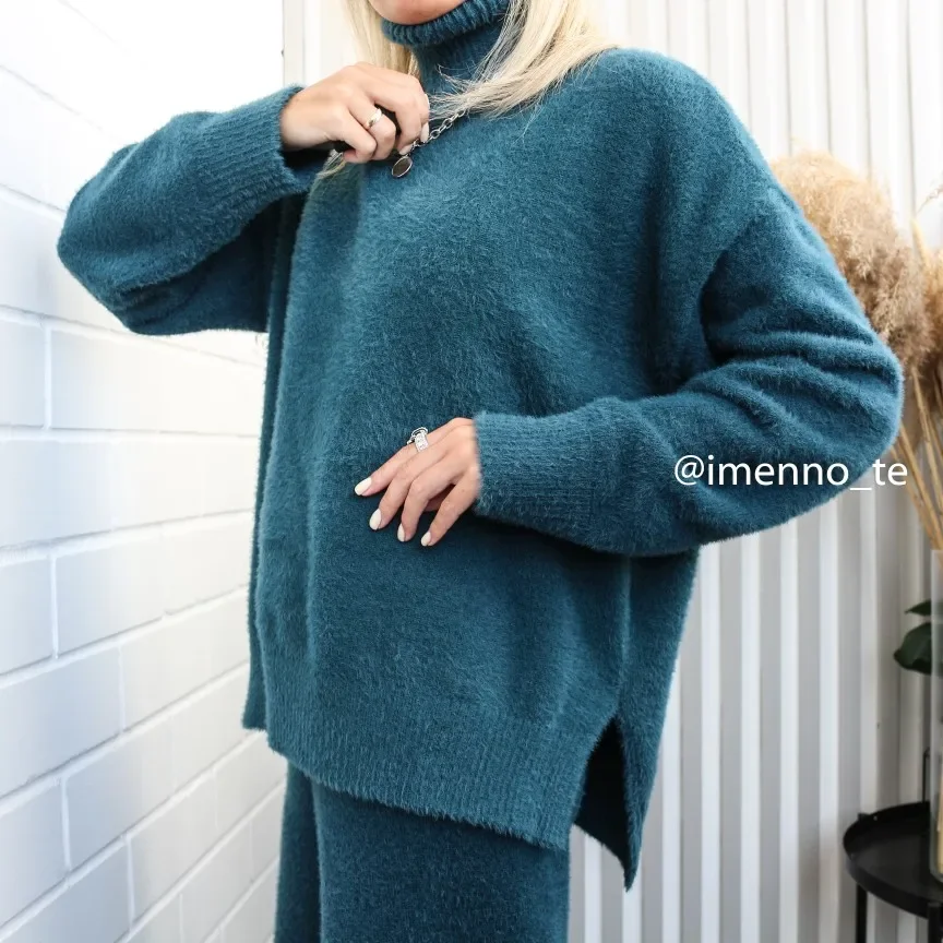 Imitation Mink Cashmere Two Pcs Women Sweater Set Loose Knitted Jumper+ Pant Tracksuit Fashion Warm Lady Suit A53