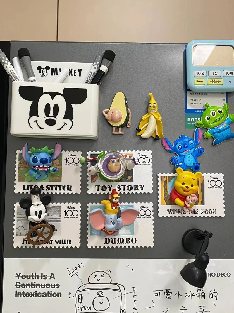 Disney 100th Anniversary Retro Stamp Figure Mickey Mouse Stitch The Pooh Refrigerator Stickerl Statue Model Dol Toy Xmas Gift