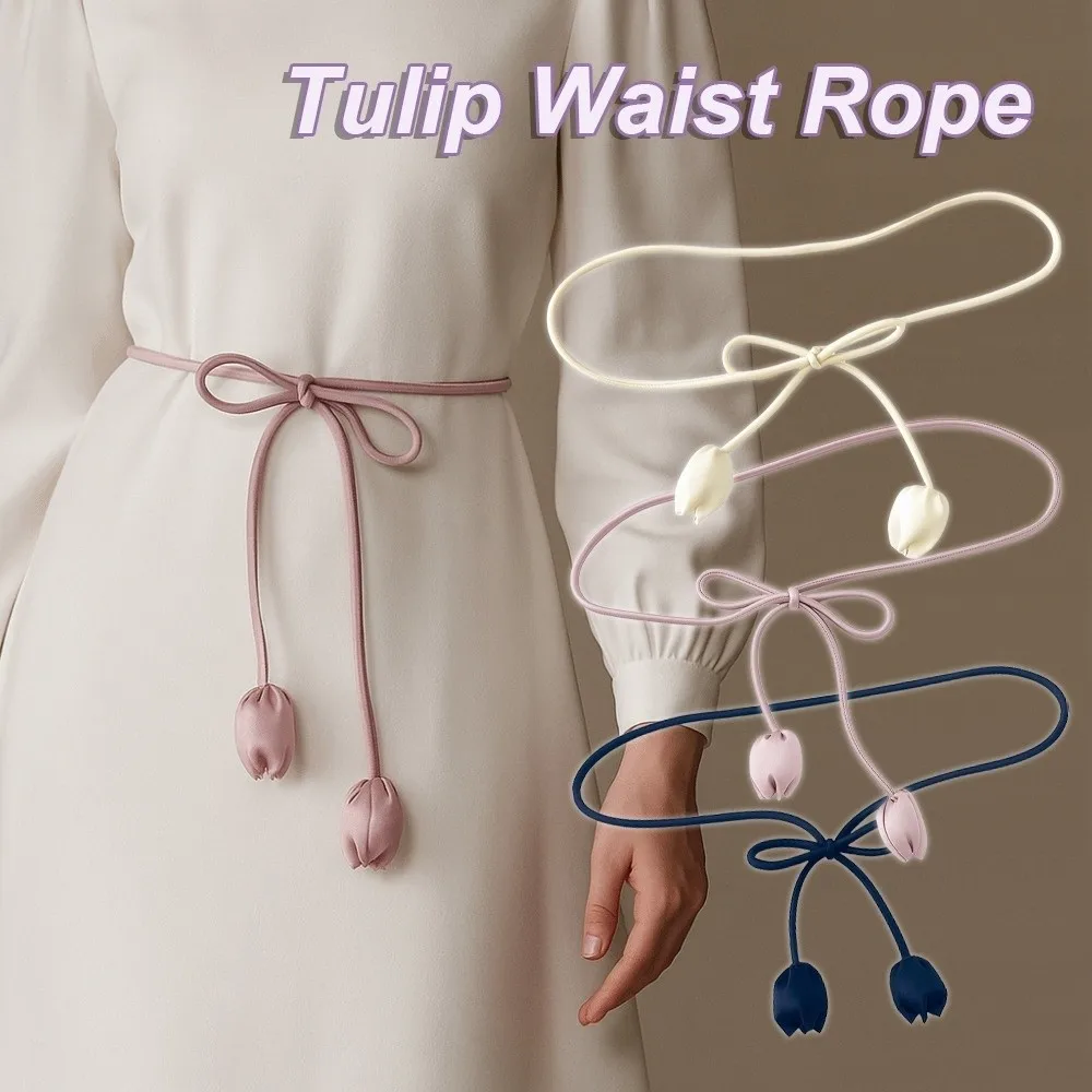 

Decorative PU Leather Tulip String Waistband Round Shape Long Knotted Dress Belt Strap Thin Flower Waist Rope Coat Accessory