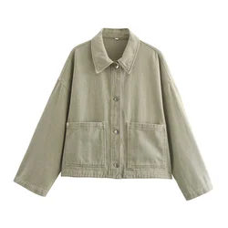 PB&ZA2024 Autumn New Women's Fashion Style Simple and Loose Water Washed Effect Flip Collar Short Denim Shirt Coat