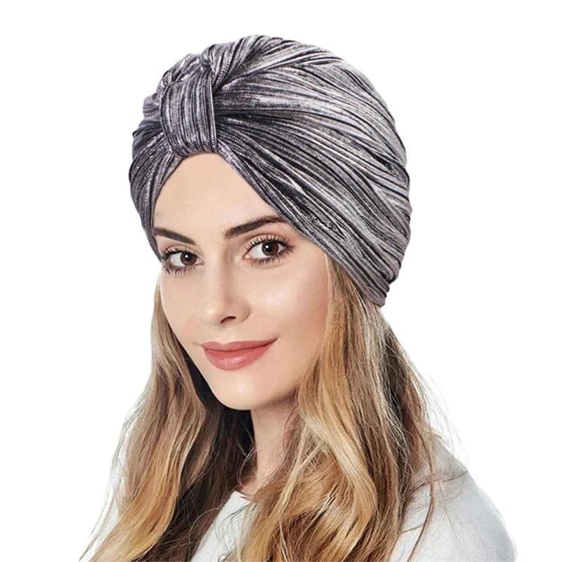 New Women's Metallic Pleated Knot Turban Hat Retro Ethnic Ha