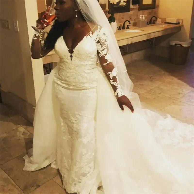 Elegant Mermaid Lace Decal African Women's Wedding Dress Sexy V-Tie Detachable Skirt Vintage Long Sleeve Bridal Dress Customized