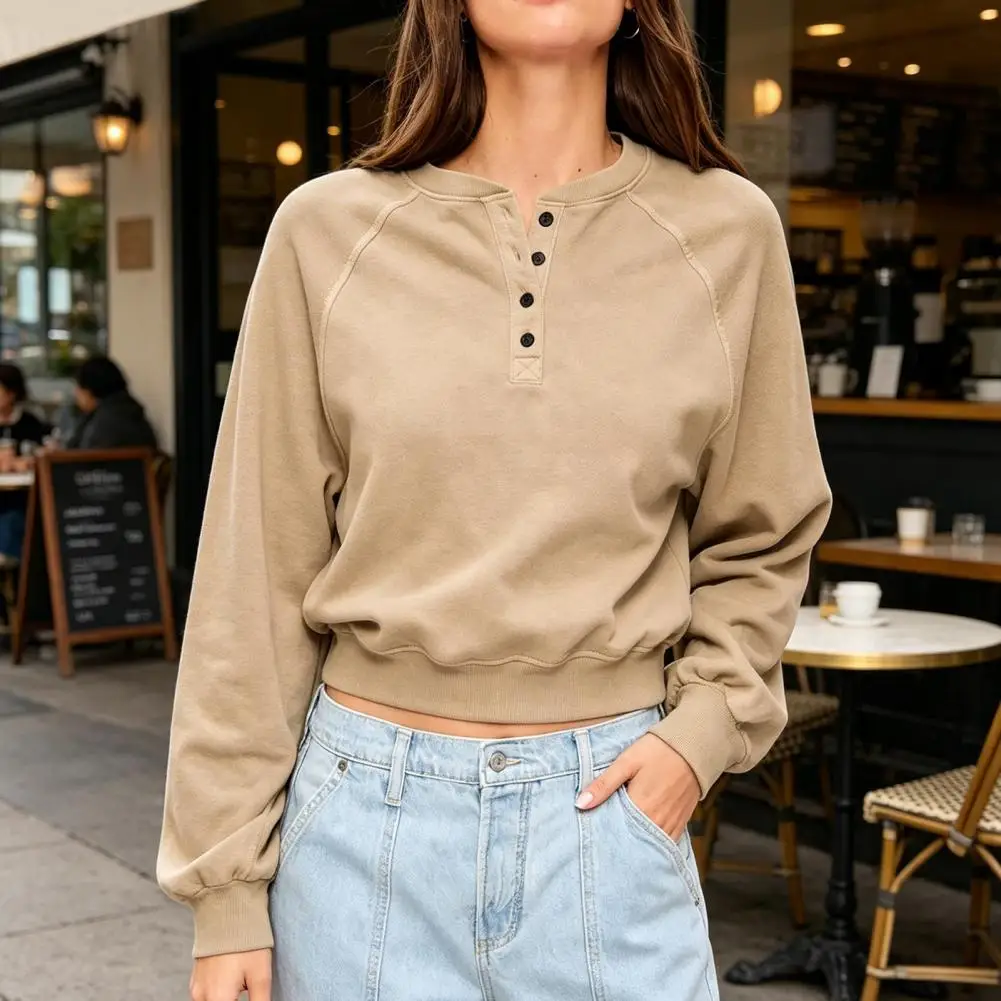 Women's Crew Neck Sweatshirt Loose Pullover Long Sleeve Shirts, Oversized Button Up Casual Tunic Tops Autumn Layering Sweatshirt
