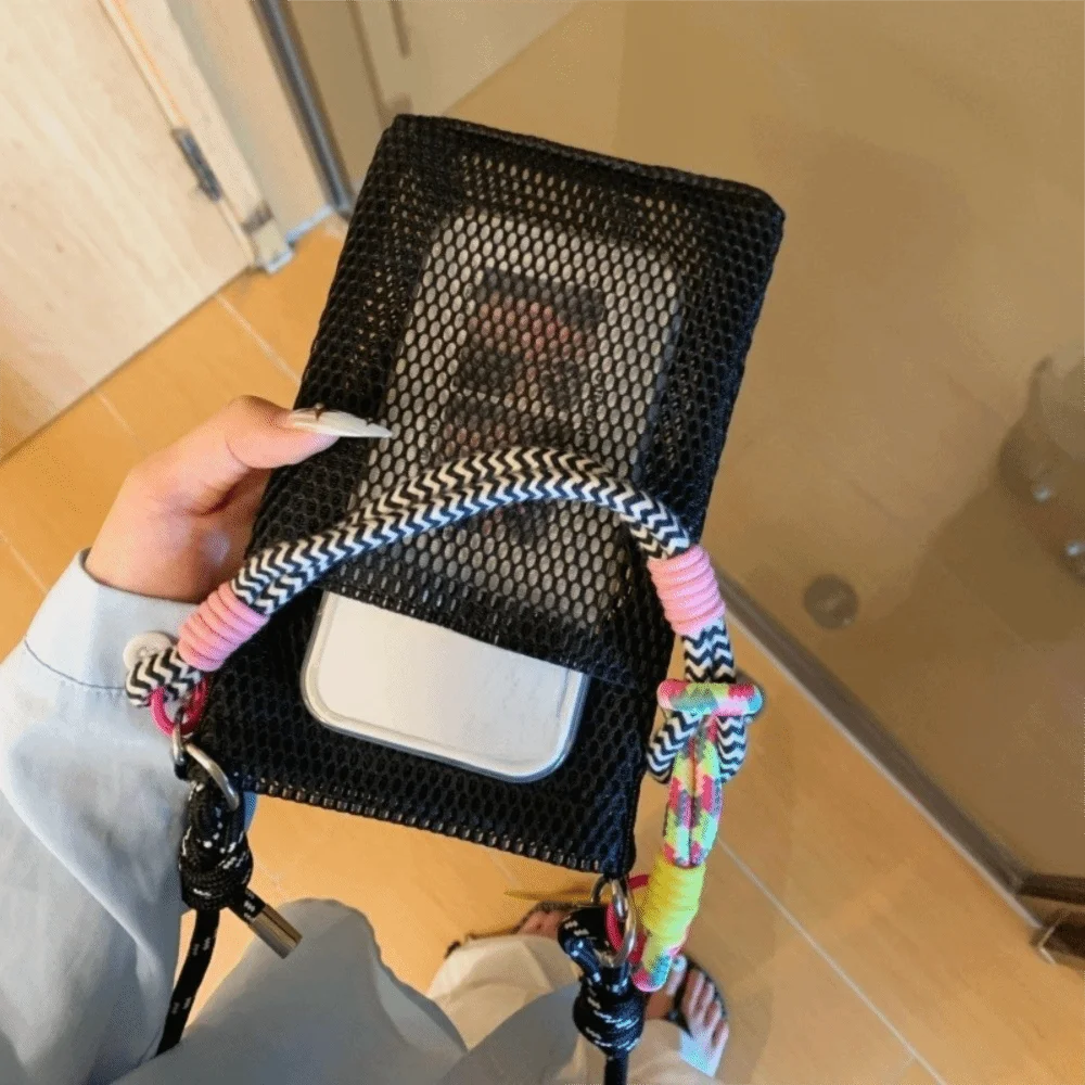 Adjustable Lanyard Mesh Phone Bag Braided Strap Portable Design Phone Crossbody Bag Mini Purse Cute Style Mobile Phone Pouch view 5