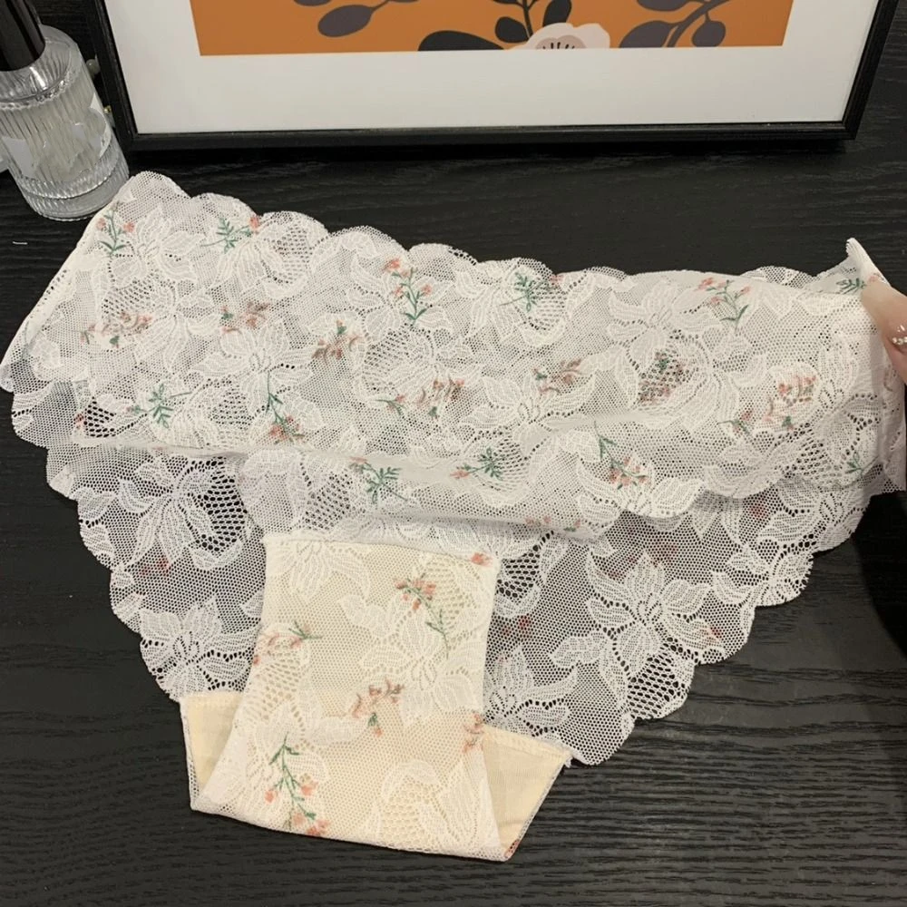 Culotte florale en dentelle sans lueur pour femme, sous-vêtement confortable, slip évidé, maille sans couture, entrejambe en coton, caleçon pour fille