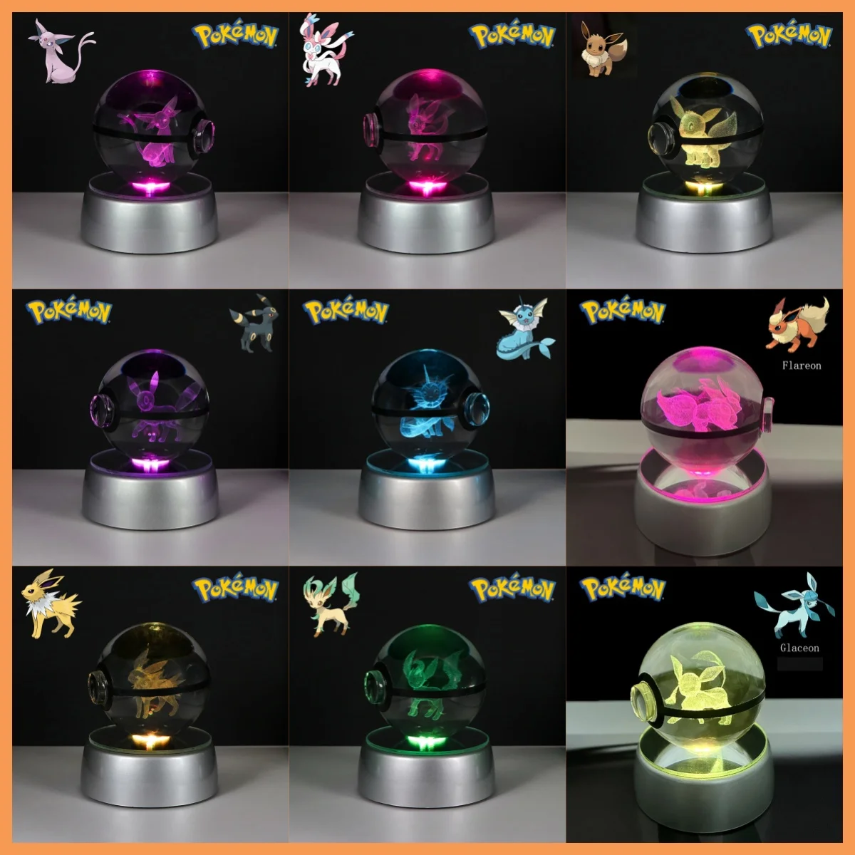 

Pokemon Eevee 3D LED Light Model Glaceon Sylveon Jolteon Vaporeon Flareon Umbreon Mew 5CM Crystal Ball Figure Toys Doll Gifts