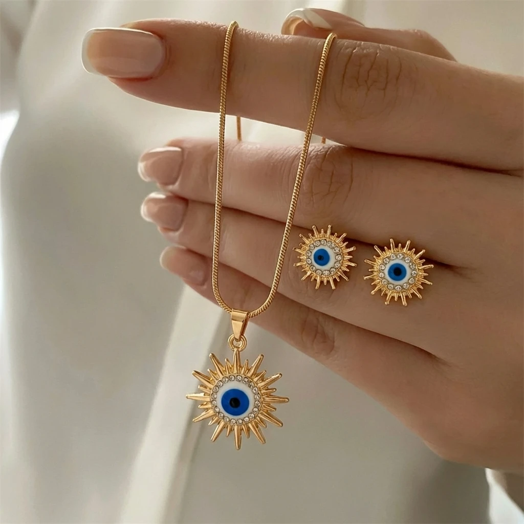 Classic Stainless Steel Jewelry Set for Women Micro Zircon Turkish Lucky Evil Eyes Sun Necklace Earring Party Beach Gifts