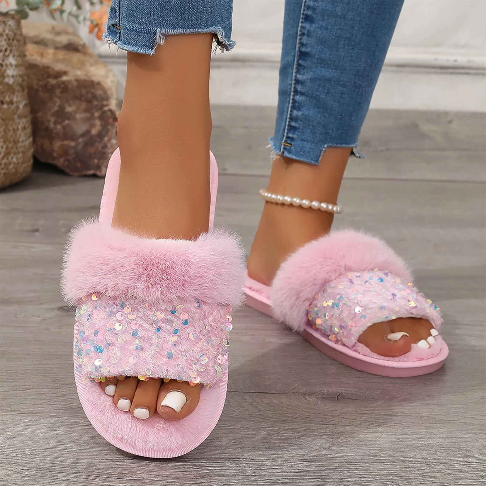 Sparkling Plush Toe Winter Women Home Non-Slip Flip Flops Slippers Thermal Insulation Indoor Plush Soft Warm Cotton Slippers