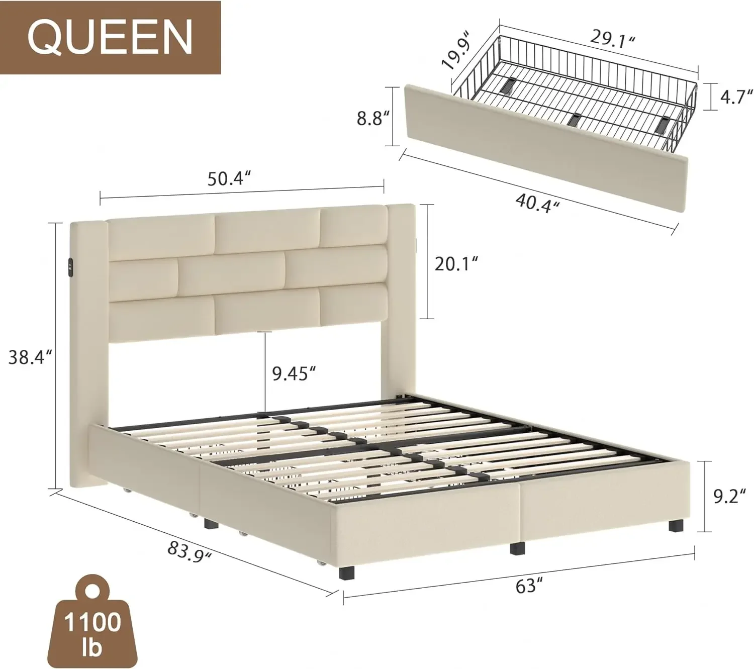 VECELO Queen Size Bed Frame with 4 Storage Drawers, Upholstered Platform Bed Frame with Velvet Headboard and Charging Station,