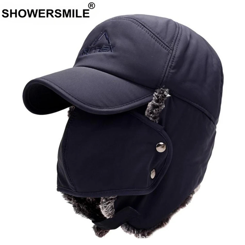 

SHOWERSMILE Thick Men's Winter Hats Russian Bomber Earflap Caps Male Snow Trapper Hat with Ears Fur Warm Ushanka Hat Ski Mask