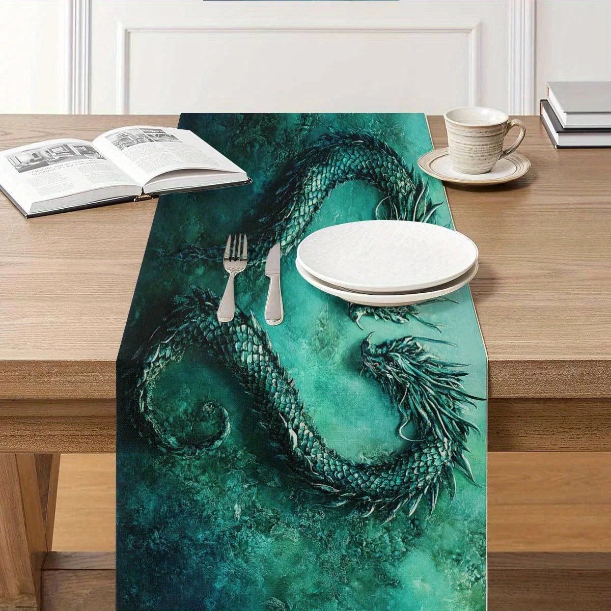 1 Piece of Blue-Green Dragon-Shaped Artistic Abstract Element Table Runner, Suitable for Farmhouse, Indoor, Kitchen, Celebrations, Table Decoration, Restaurant, and Banquet Decoration Supplies