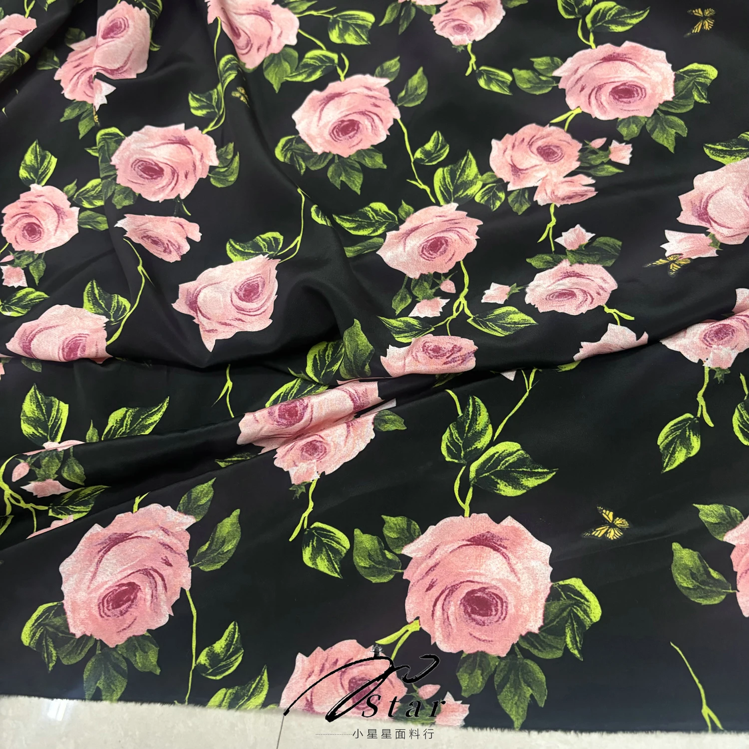 Green Leaf Rose 22 Momme Printed Black Silk Crepe De Chine Silkworm Silk Satin Fabric Shirt Dress Cloth Summer