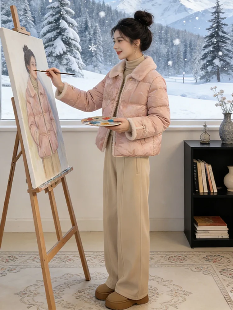 

New Chinese Sle Casual Cotton down Jaet And Pants Two-Piece Set Clete Ootd Winter Faion Ensemble High Waist Trousers