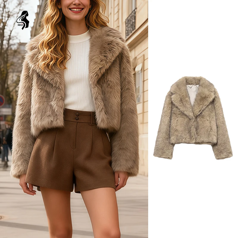

"Women's Vintage Beige Faux Fur Jacket - Lapel Collar Cropped Fluffy Coat, Chic Warm Faux Fur Outerwear for Cold Days