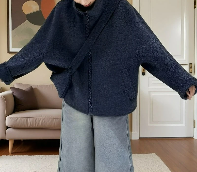 2026 Frühling und Herbst Neuer Temperamentvoller Rundhals-Doppelseitiger Wollmantel Damen Kurzer Vielseitiger Wollmantel