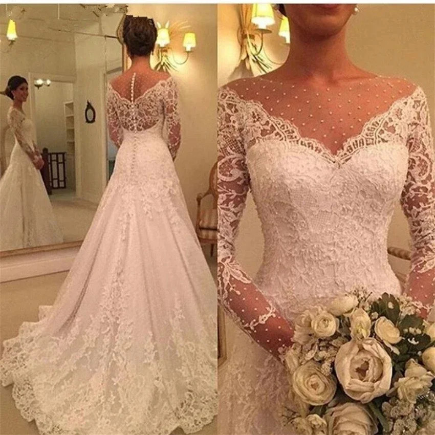 Long Sleeves Mermaid Wedding Dresses Robe De Mariee Fashion Scoops Neck Beading Applique Lace Formal Bridal Gowns