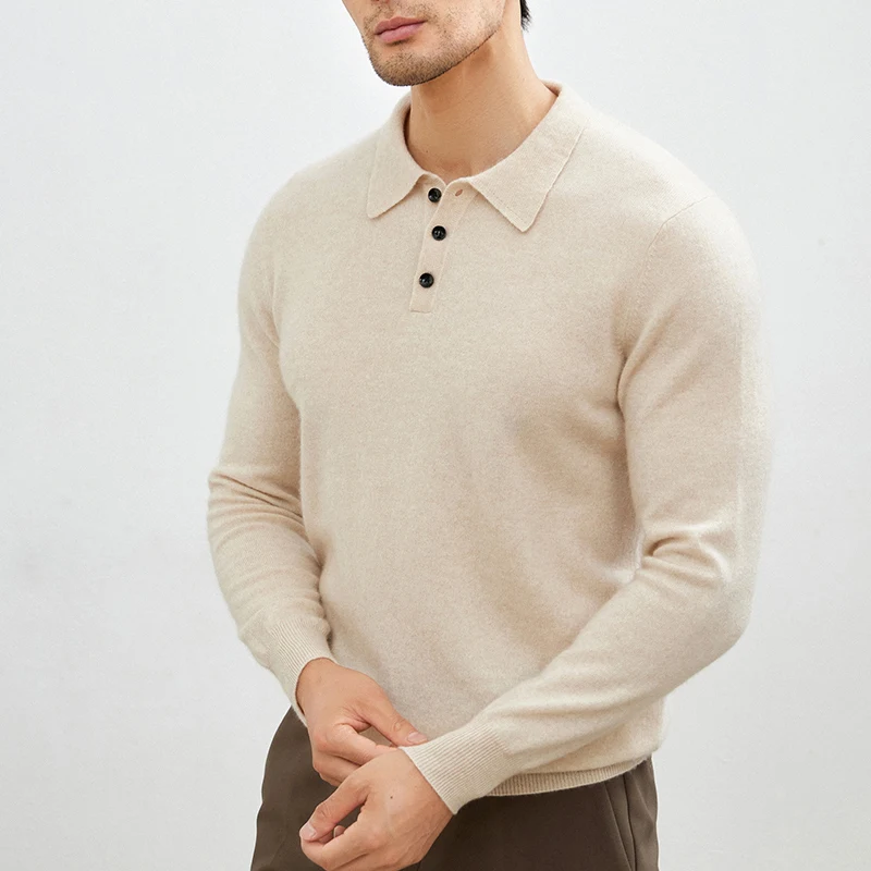 

100% Cashmere Sweater Men's Sweater POLO Collar Long Sleeve Pullover Business Casual Bottoming Shirt Knitted Sweater