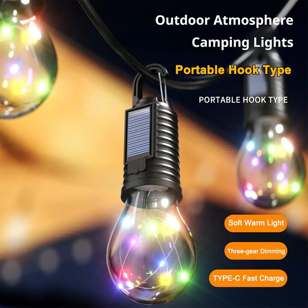 LED Camping Lamp Solar USB Rechargeable Outdoor Tent Lights Light Hanging Camping Essentials Camping Flashlight Bulbs V5X6