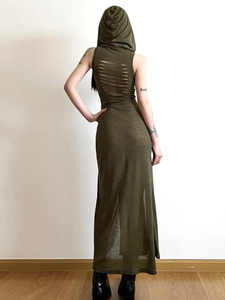 Black Y2k Hooded Sleeveless Long Dresses Women Lace Up Cut Out Backless Dress Streetwear Summer High Split Vestidos Cool Girl