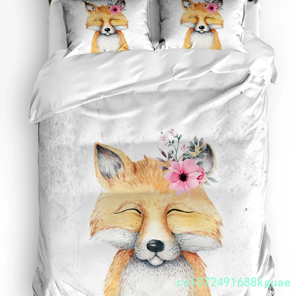Lovely Fox Watercolor Flowers Animals Duvet Cover With Pillow Case Custom 3pcs Bedding Set Quilt Cover Double Bed Home Textile