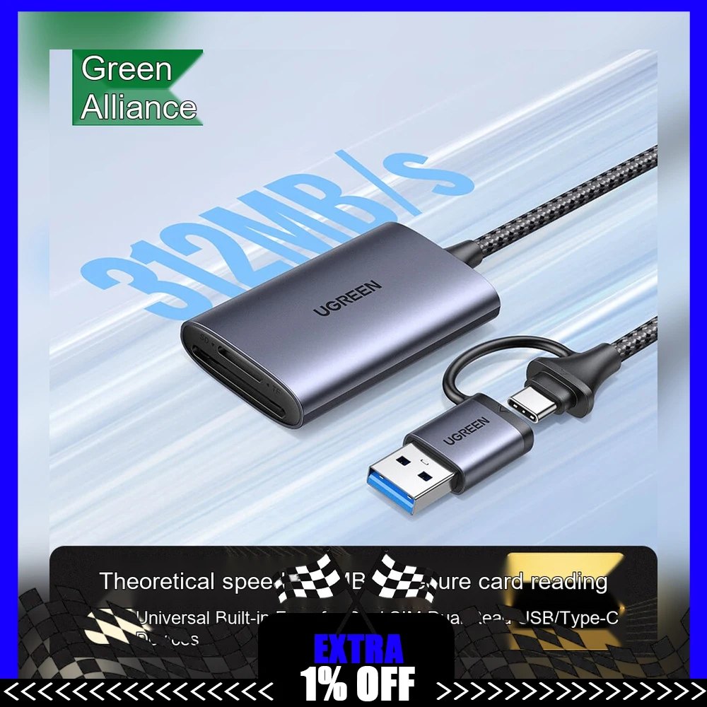 UGREEN 35148 CM401 USB-C USB 3.2 SD TF 4.0 Card Reader 312MB/s Dual Card Simultaneous Read UHS-I UHS-II