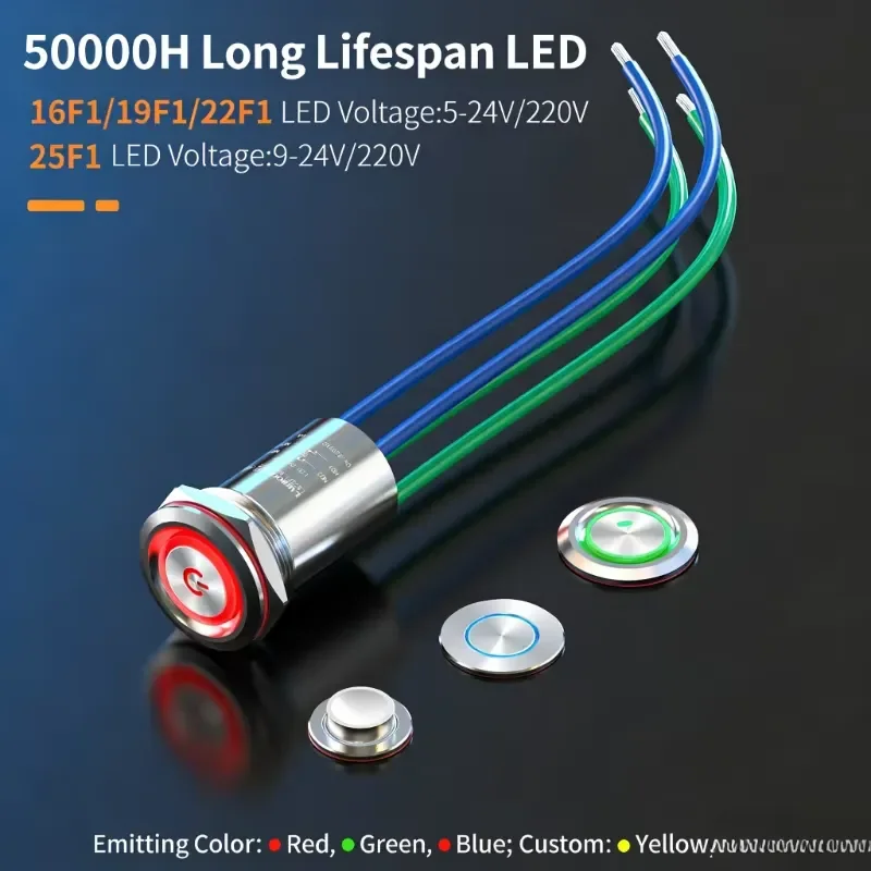 High-current Metal Push Button Switch 1NO Bottom Potted with Tape Waterproof IP68 Self-locking Reset with Indicator Light