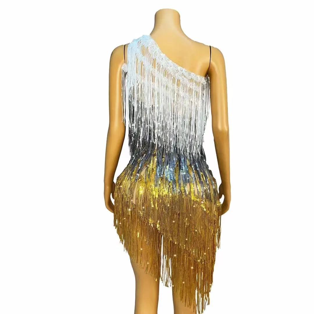 Tassel Single Shoulder Dress Sexy Sequins Transparent Sleeveless Party Birthday Celebrate Fringe Dress Stage Performance Costume