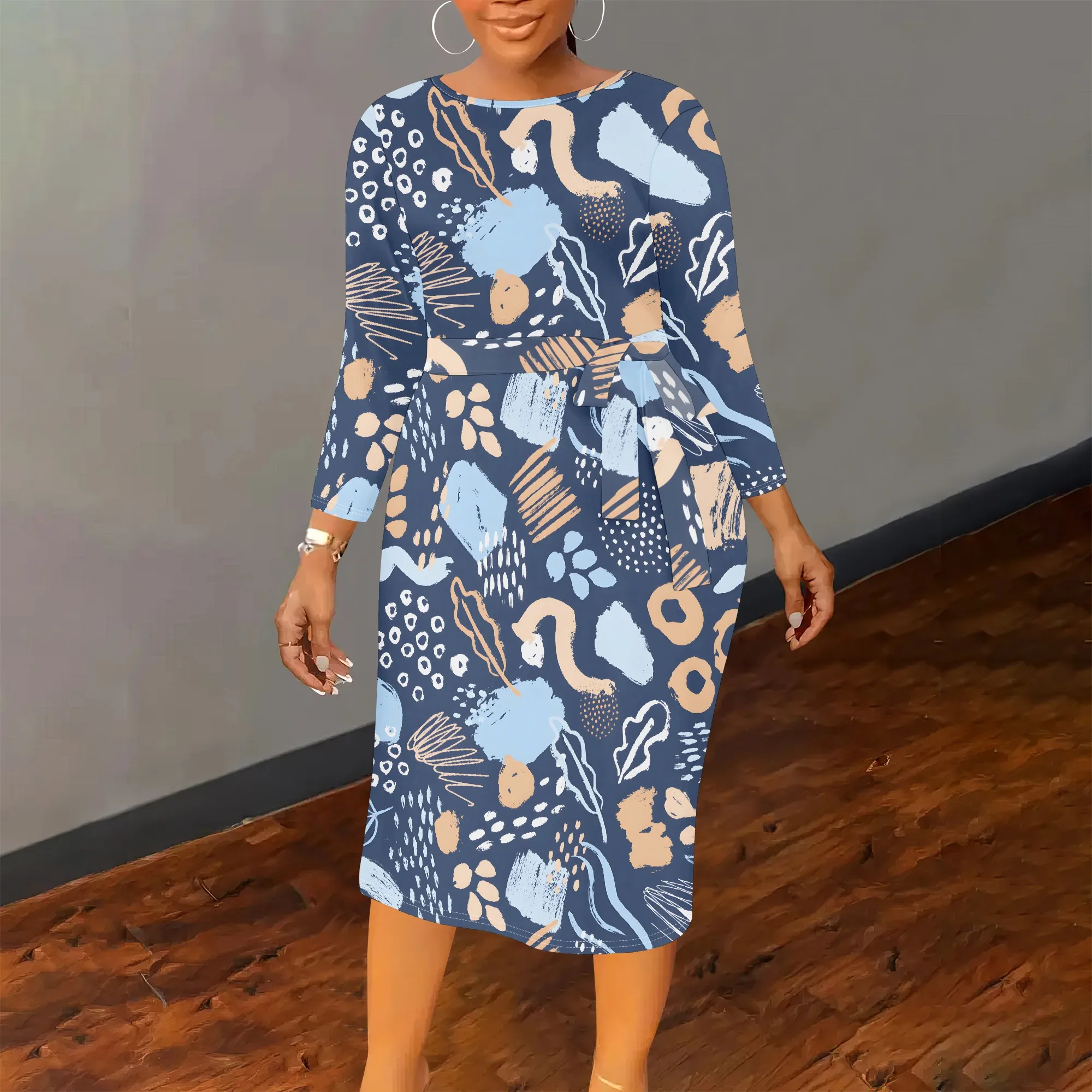 

Plus Size Women's Summerl Flower Print Fall Fashion Printed Long-sleeved Crew Round Neck Causl Dress With Belt