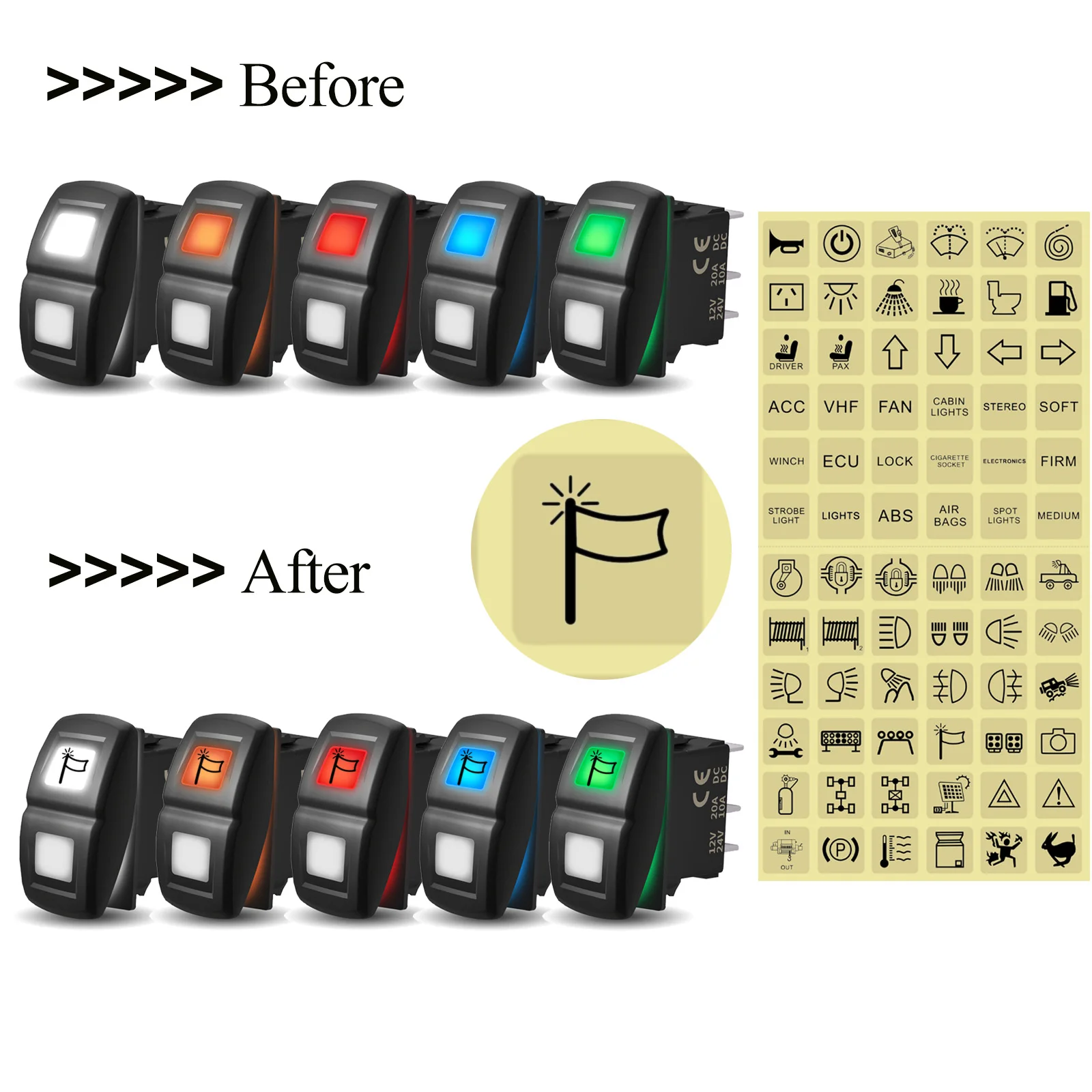 12/24 Volt Led Waterproof Rocker Switch On-On/ On-On-On/ On-Off-On/ Off-On-On Toggle Switch Cable Terminals and Button Sticker