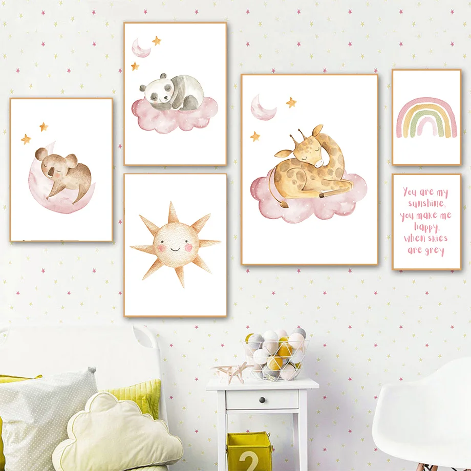 1pc frameless Canvas Painting Blush Pink Nursery Wall Art Sleeping Animal Canvas Prints Cute Moon Sun Posters Inspirational Quot