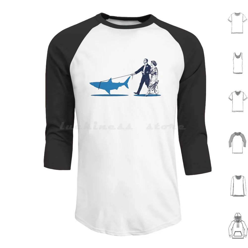 Walking The Shark Hoodie Cotton Long Sleeve Shark Sea Ocean Walk Stroll Fish Water Swim Lead Blue Man Woman Couple