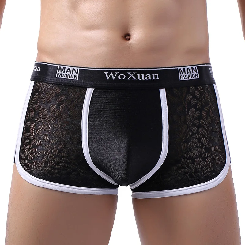 6PCS Boxer Sexy Gay Men Underwear Smooth Ice Silk Lace Patchwork Boxer Mens Bikini Low Rise Panties Trunks Home Wear