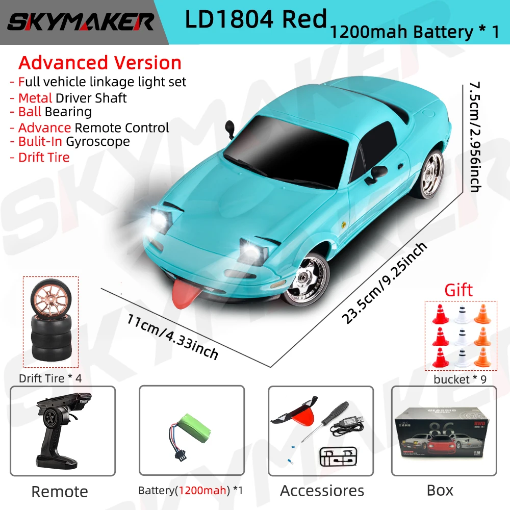 Skymaker LDRC LD1804 1/18 RC Drift Auto MX5 2,4 GHz RWD met ESP Gyroscoop on-Road LED-verlichting Volledige schaal RC Auto's Kinderen Speelgoed Cadeau