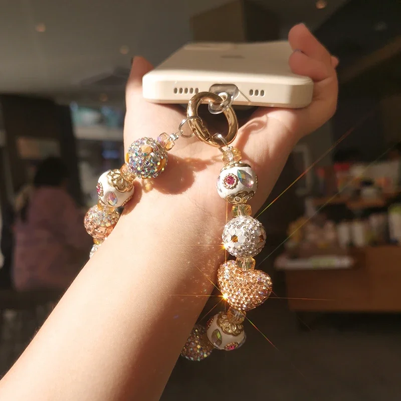 Mobile Phone Lange Color Diamond Wrist Retro Palace Style Luxury Full of Diamond Love Chain Hand-beaded Sparkly Crystal Beads