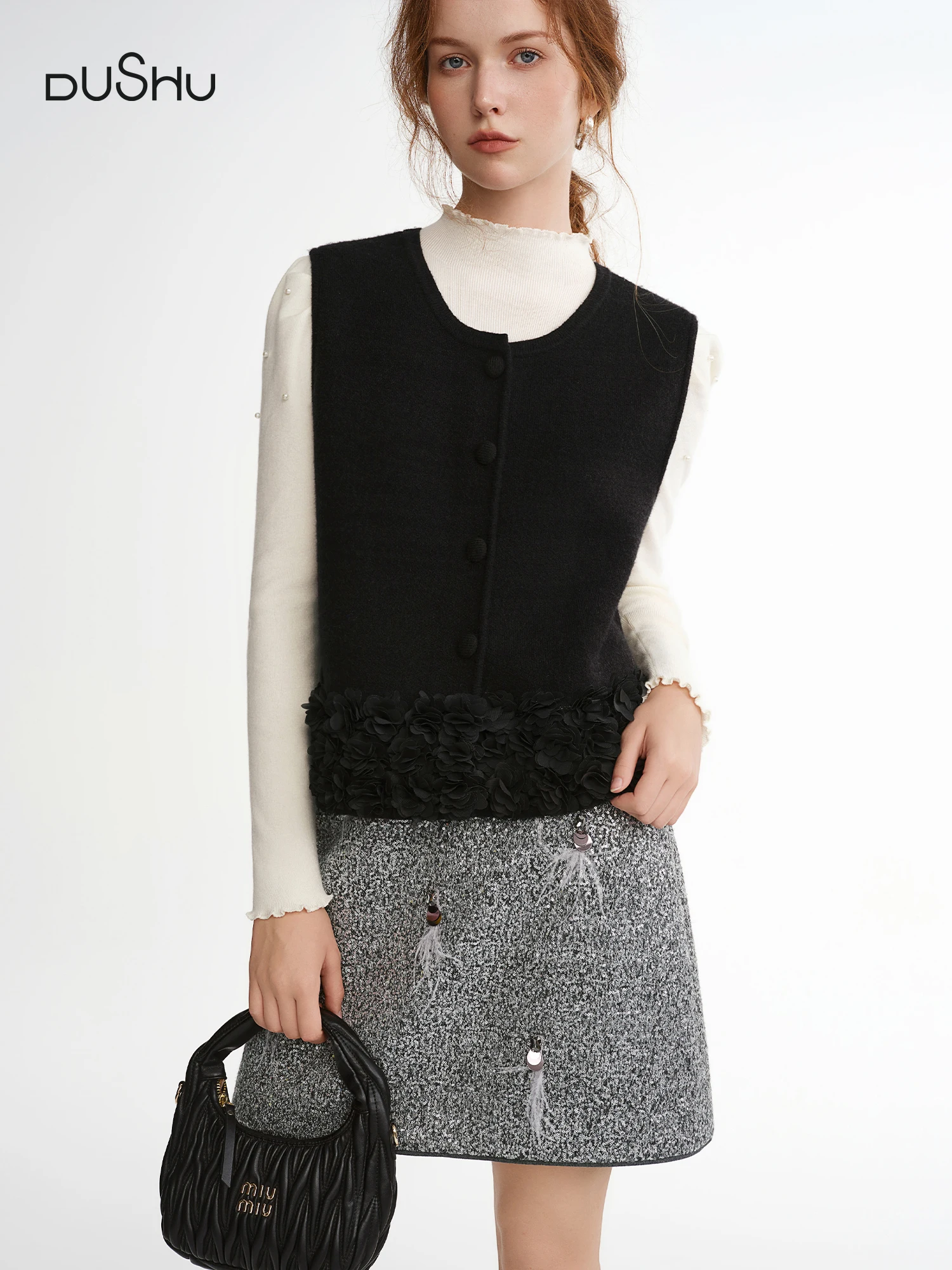 

DUSHU Plus-Size Women's Fashion - Romantic Layered Floral Design Knit Jacket with Open Collar for 2025 Winter New Arrivals Vests