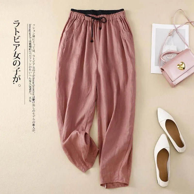 

Cotton Linen Pants for Women Solid Loose Casual Vintage Summer Thin Korean Style Literary Lace-up Elastic Waisted Lantern Pants