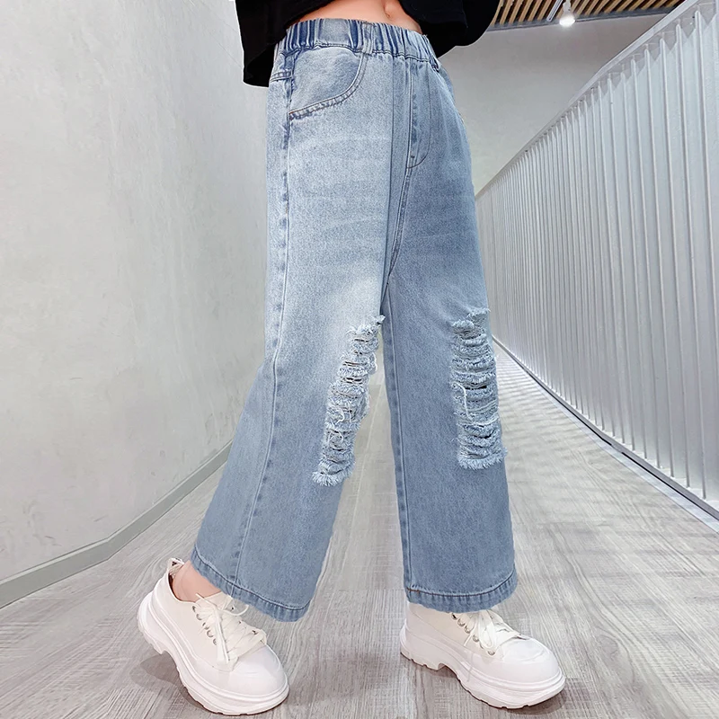 Spring Child Wide Ripped Jeans With Hole For Girls Elegant Fashion Street Denim Pants Teenage Kids Destroyed Jeans Trousers