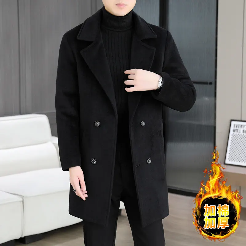 

Classic Solid Color Woolen Jackets Men Winter Thick Warm Medium Length Trench Coat Casual Business Overcoat Social Streetwear