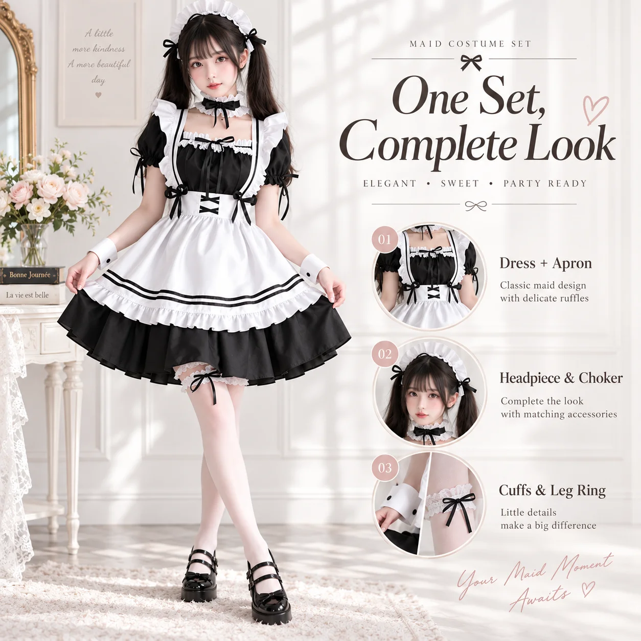 Abito da cameriera in stile Lolita, bianco e nero, con grembiule, uniforme in stile francese, costume elegante per lavorare in un caffè, ideale per feste a tema e giochi di ruolo.