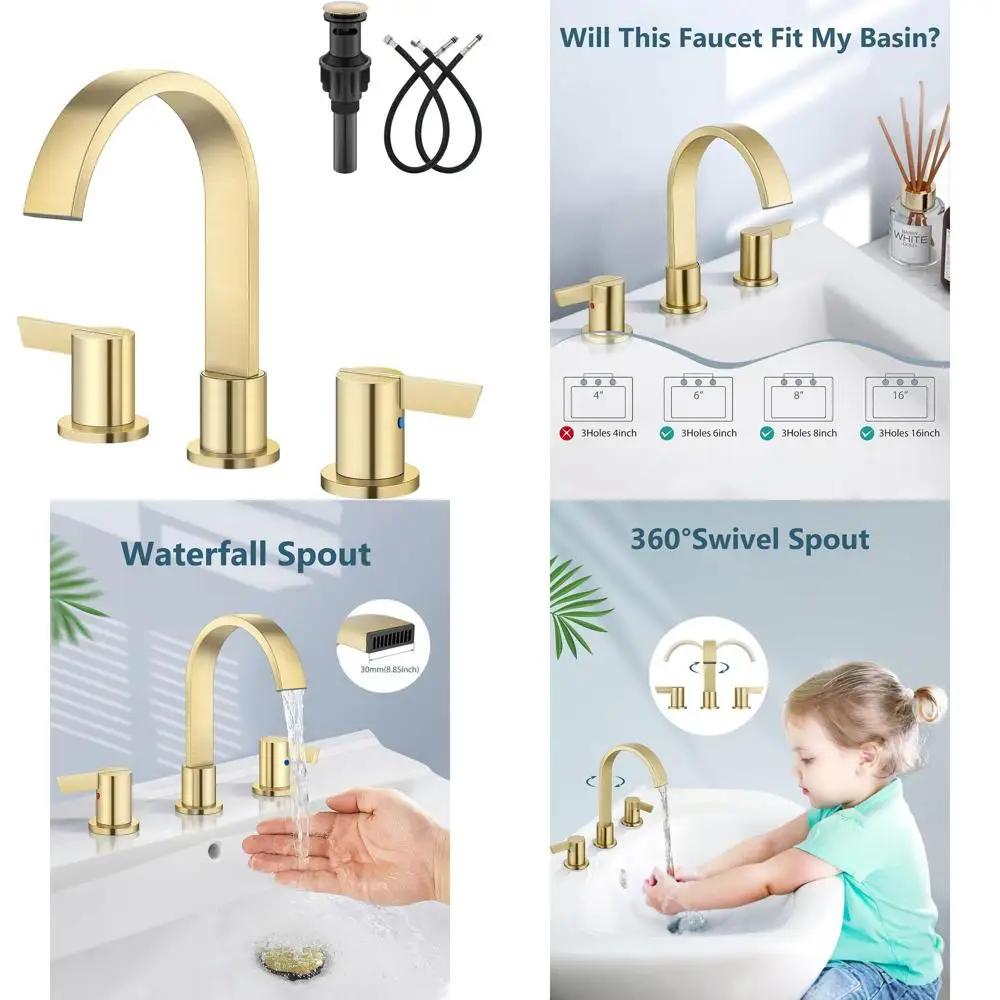 

8 Widespread Gold Bathroom Sink Faucet with 2 Handles, Waterfall Design, Includes Pop-up Drain and Supply Hose