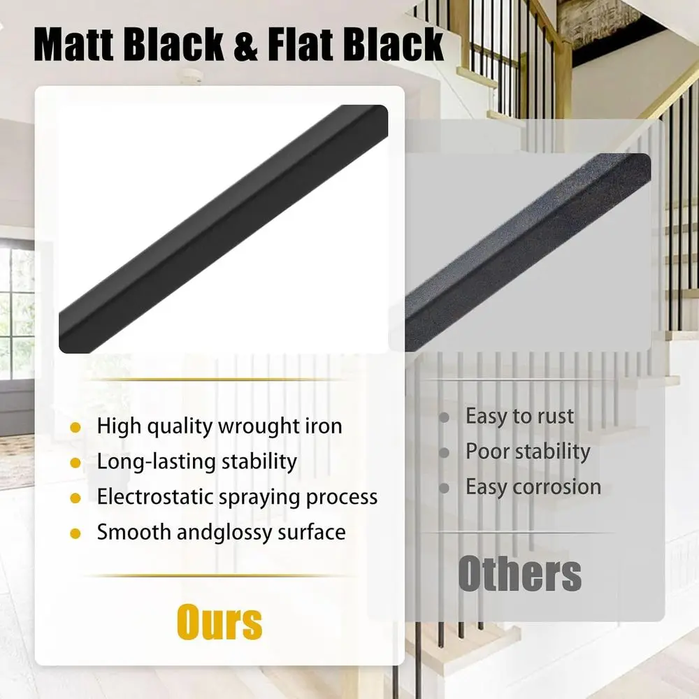مجموعة مكونة من 15 حلقة من الحديد المطاوع المجوف المربعة، 1/2 × 44، لدرابزين الدرج، لمسة نهائية من الساتان باللون الأسود