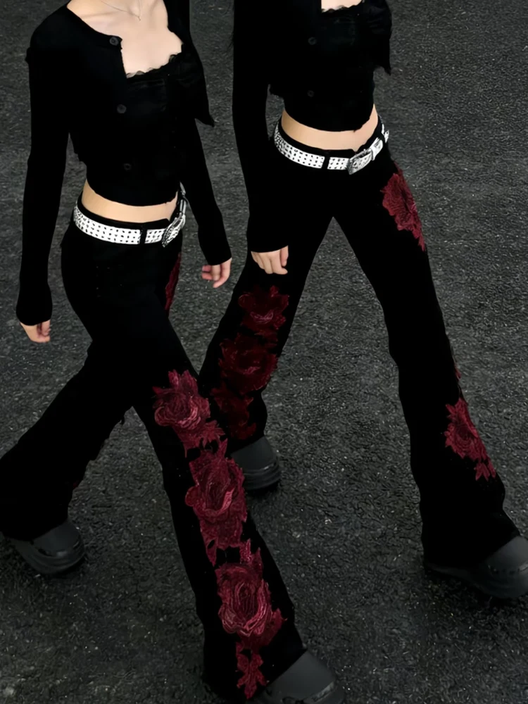 

Bla Micro Flared Rose Embroidery Jeans Women's Spring Y2K Spicy Slimming Bell Bot Pants l Waist Denim Skinnies