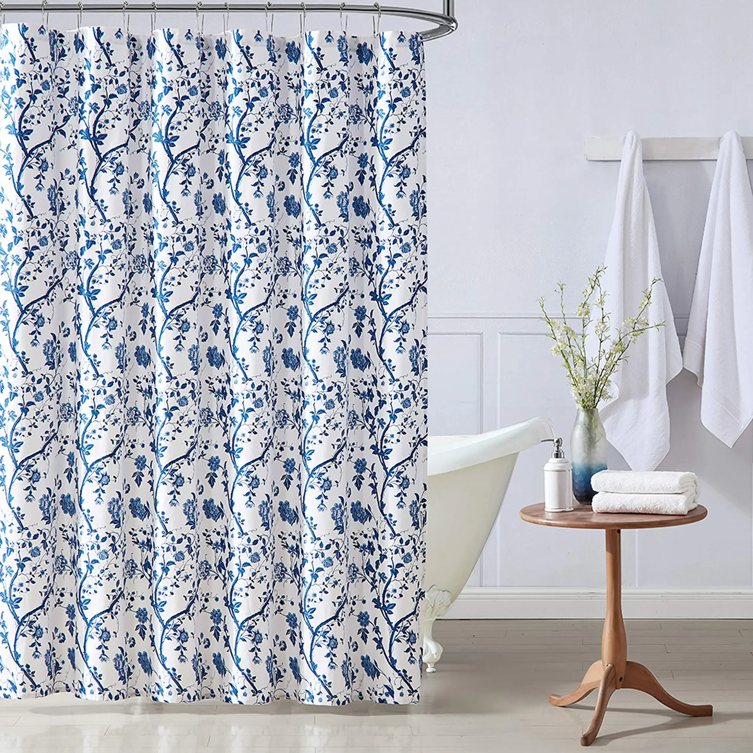 Blue Classic Flower Garden Shower Curtain,Fabric Floral Print Design Blue Leah Shower Curtain,Bathroom Elegant Floral Bath Decor